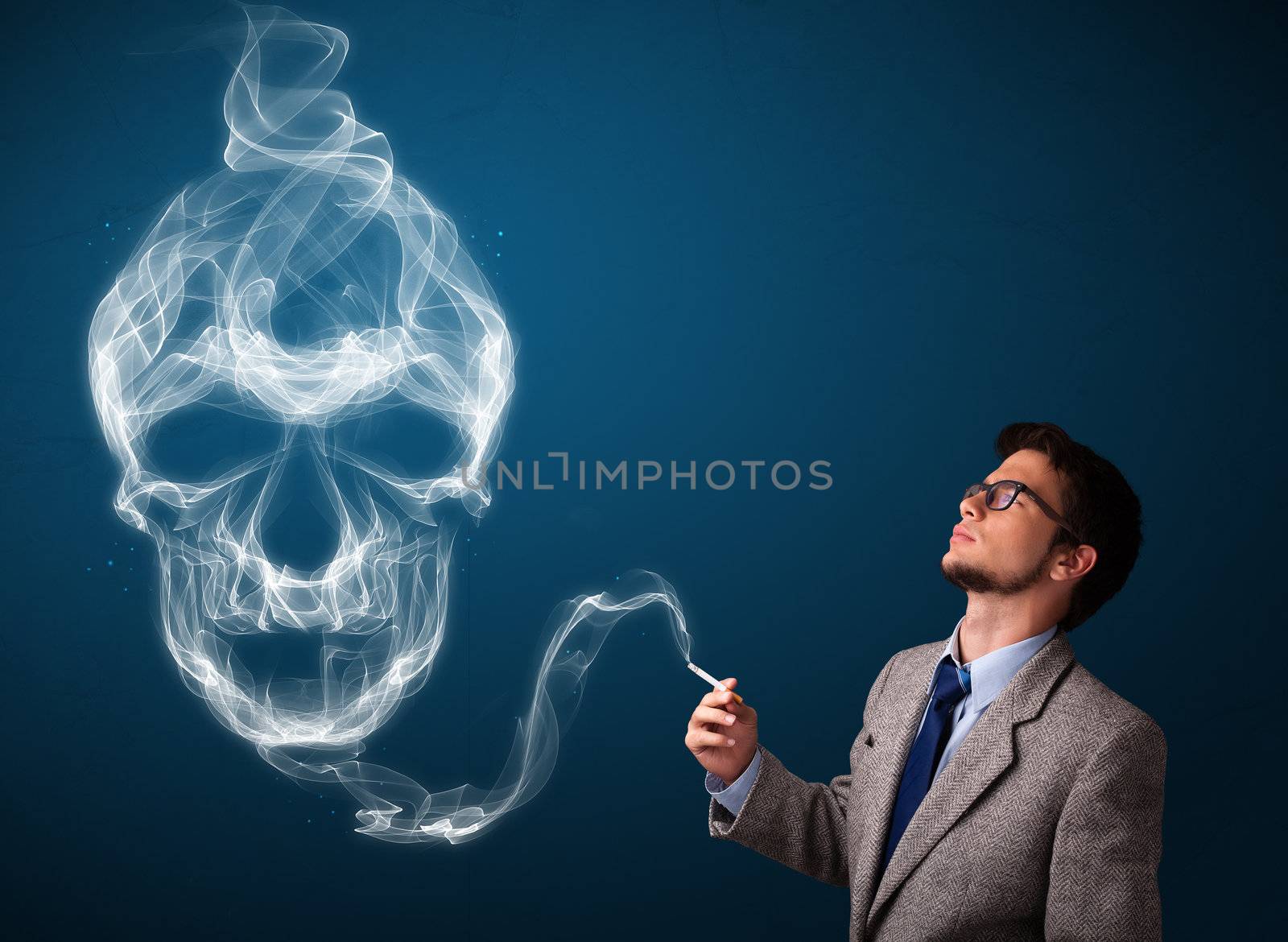 Young man smoking dangerous cigarette with toxic skull smoke by ra2studio