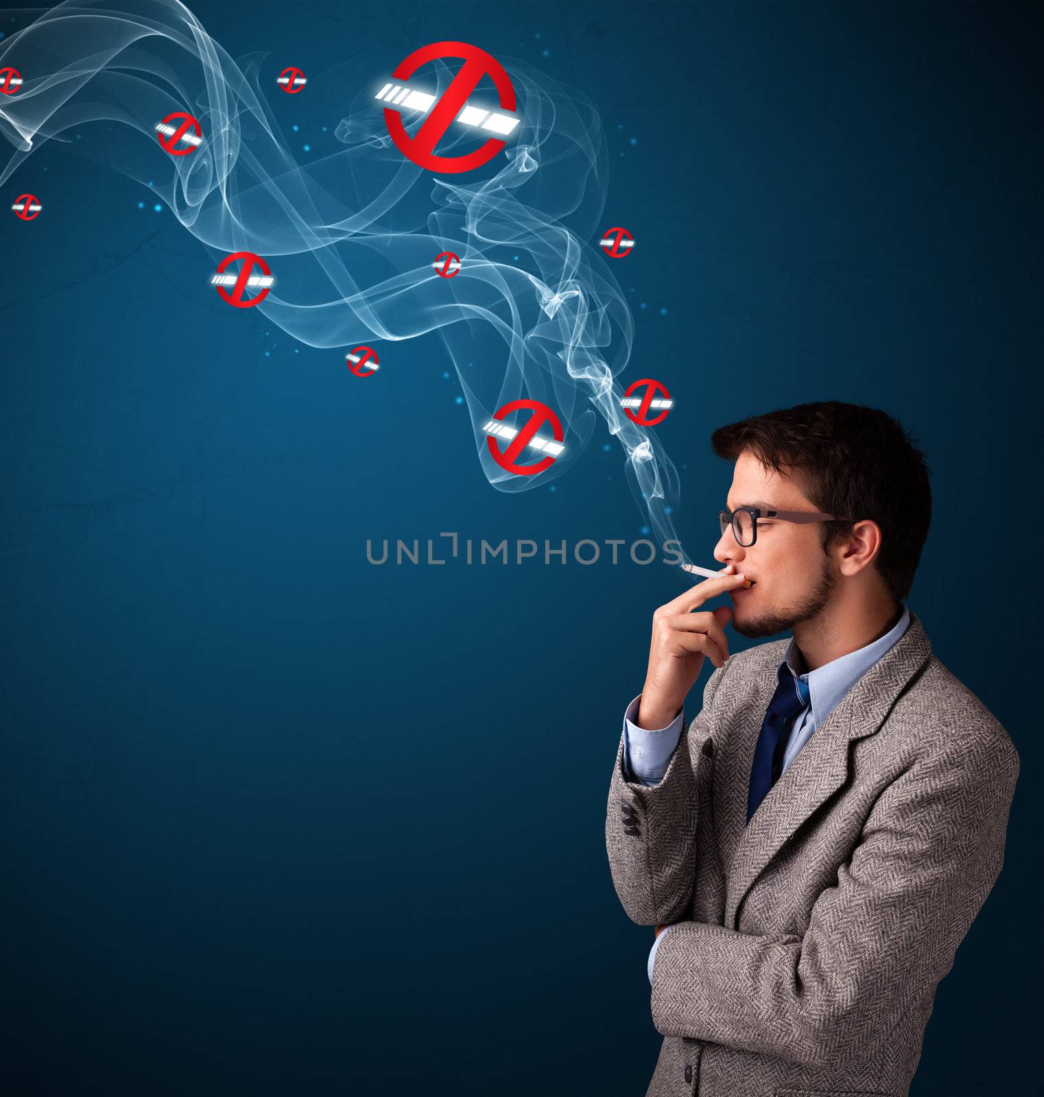 Attractive young man smoking dangerous cigarette with no smoking signs