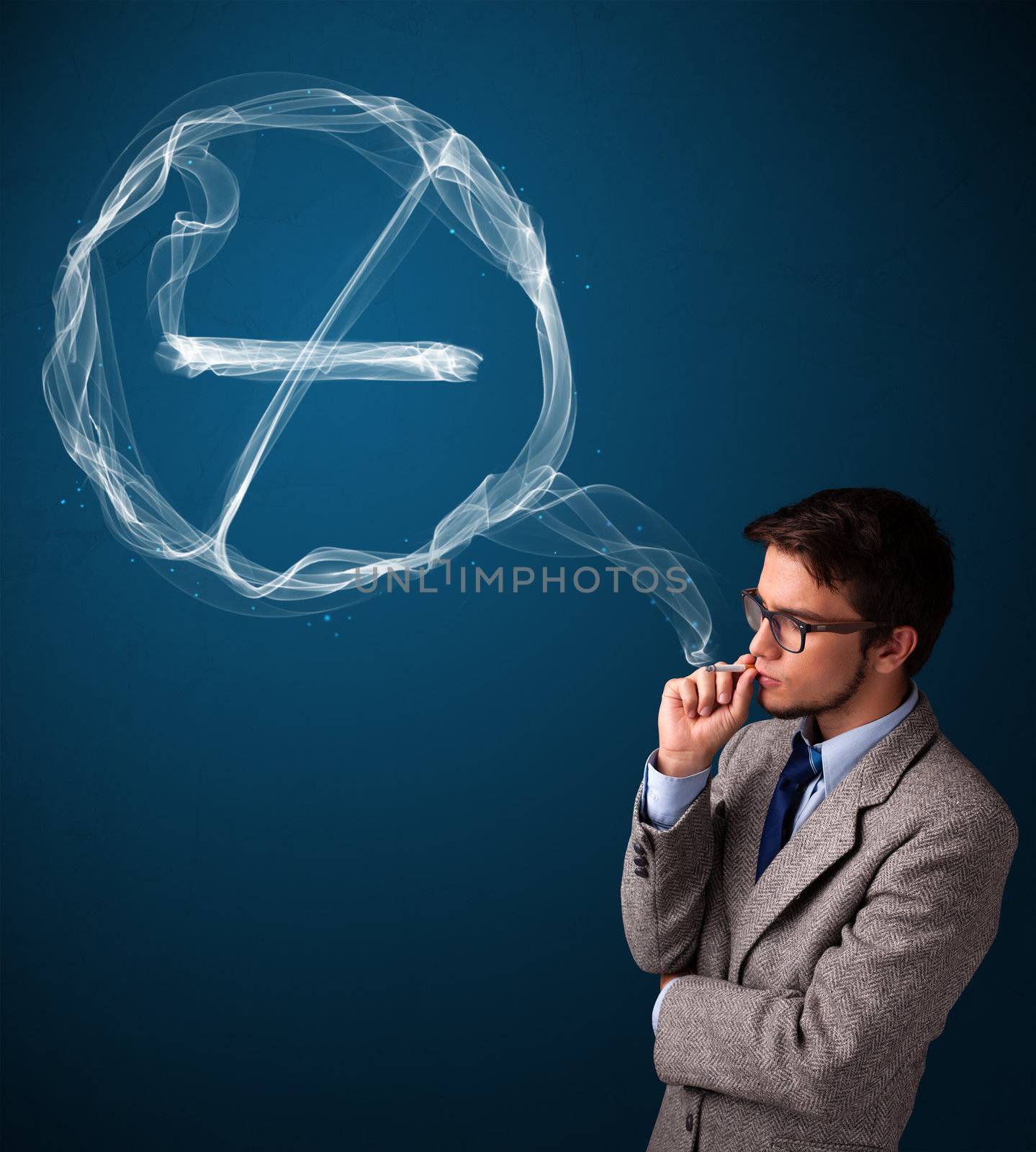 Handsome young man smoking unhealthy cigarette with no smoking sign