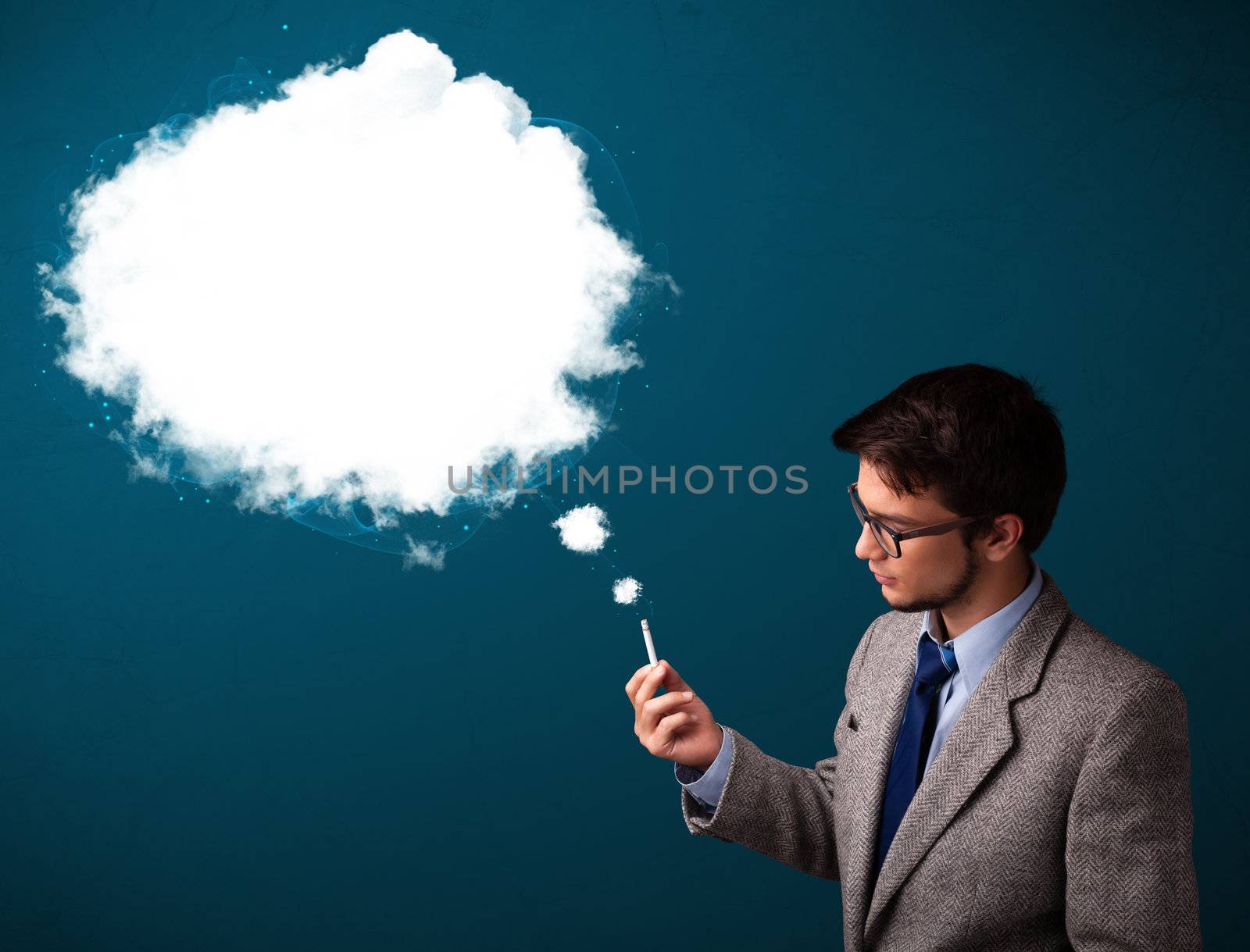 Young man smoking unhealthy cigarette with dense smoke by ra2studio