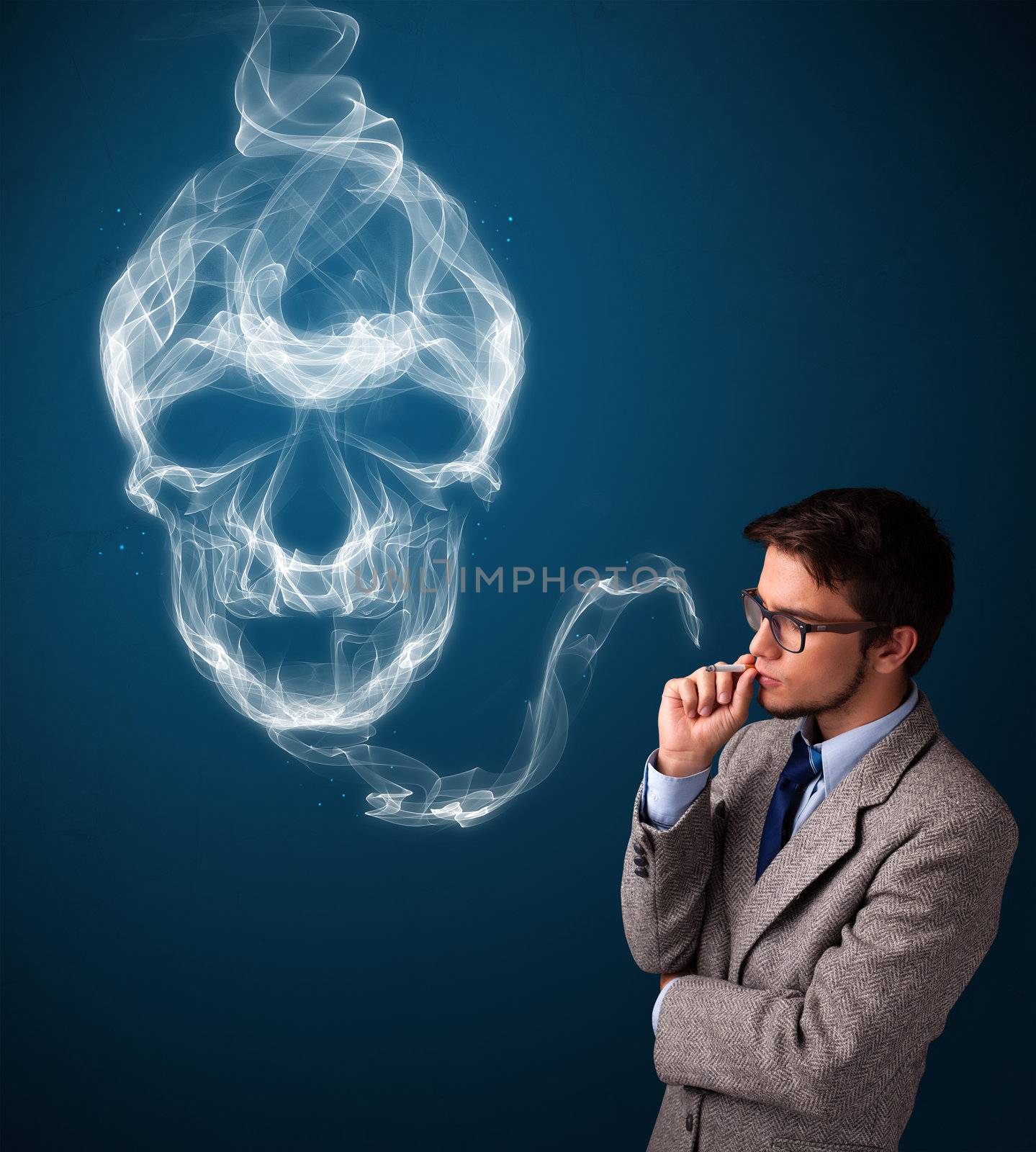 Handsome young man smoking dangerous cigarette with toxic skull smoke