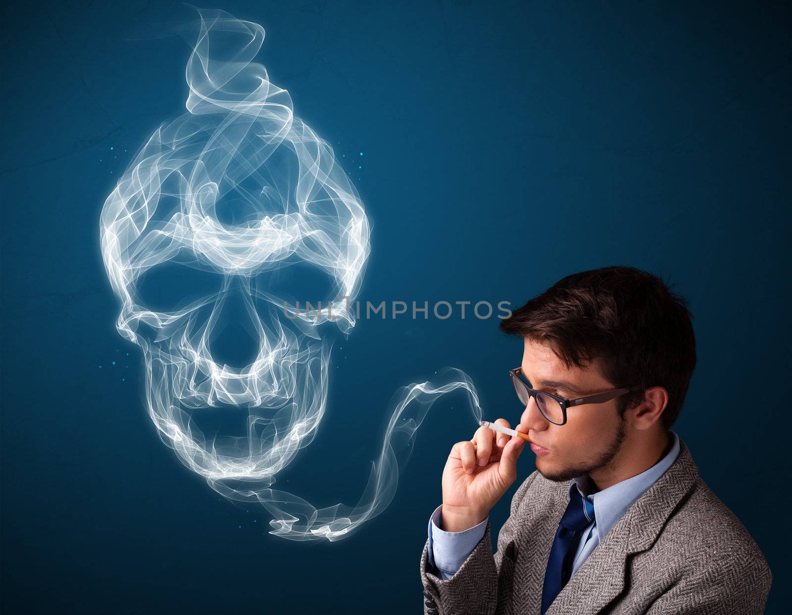 Young man smoking dangerous cigarette with toxic skull smoke by ra2studio