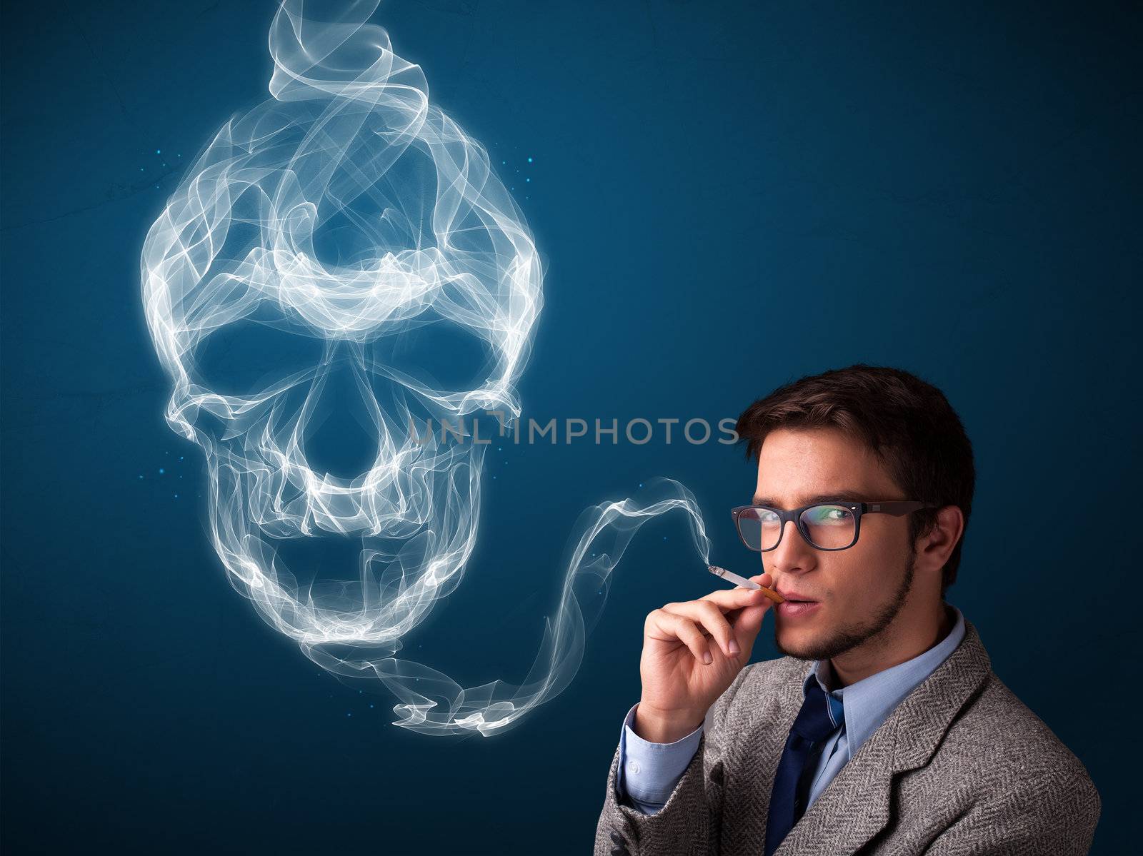 Handsome young man smoking dangerous cigarette with toxic skull smoke 