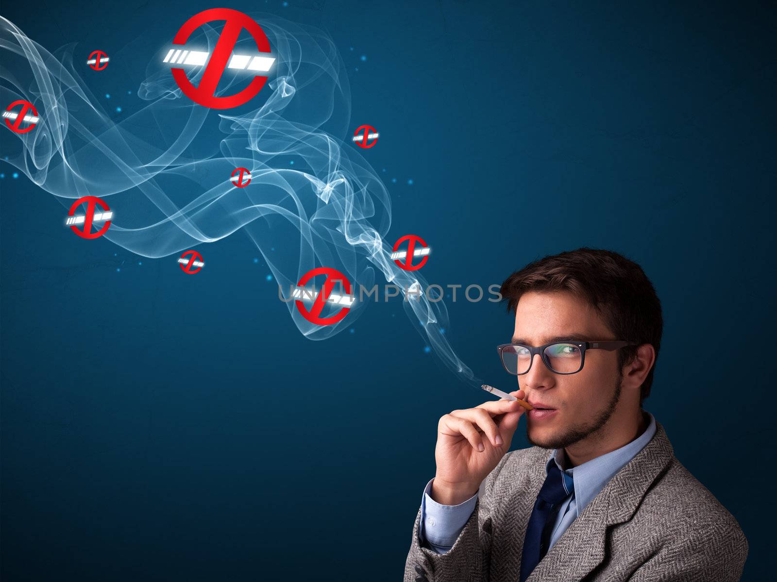 Attractive man smoking dangerous cigarette with no smoking signs by ra2studio