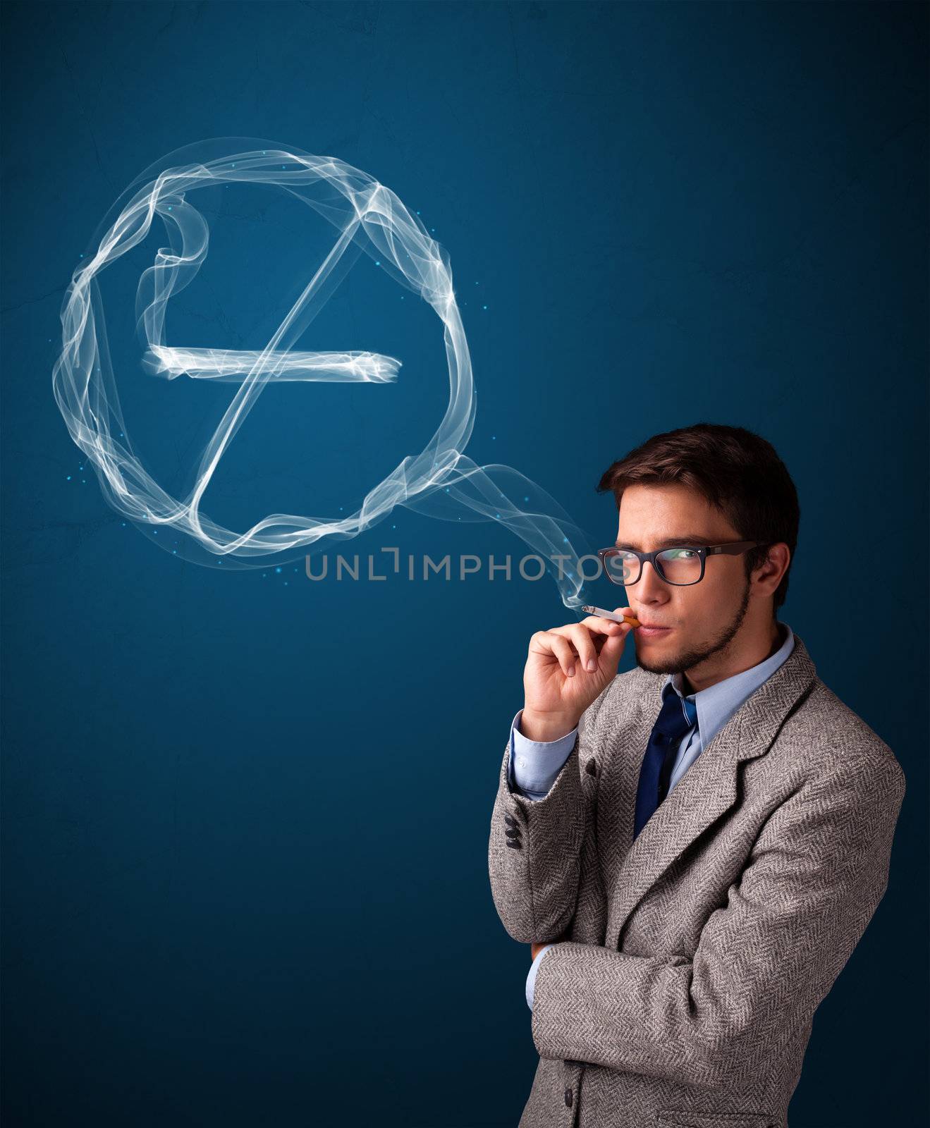 Handsome young man smoking unhealthy cigarette with no smoking sign