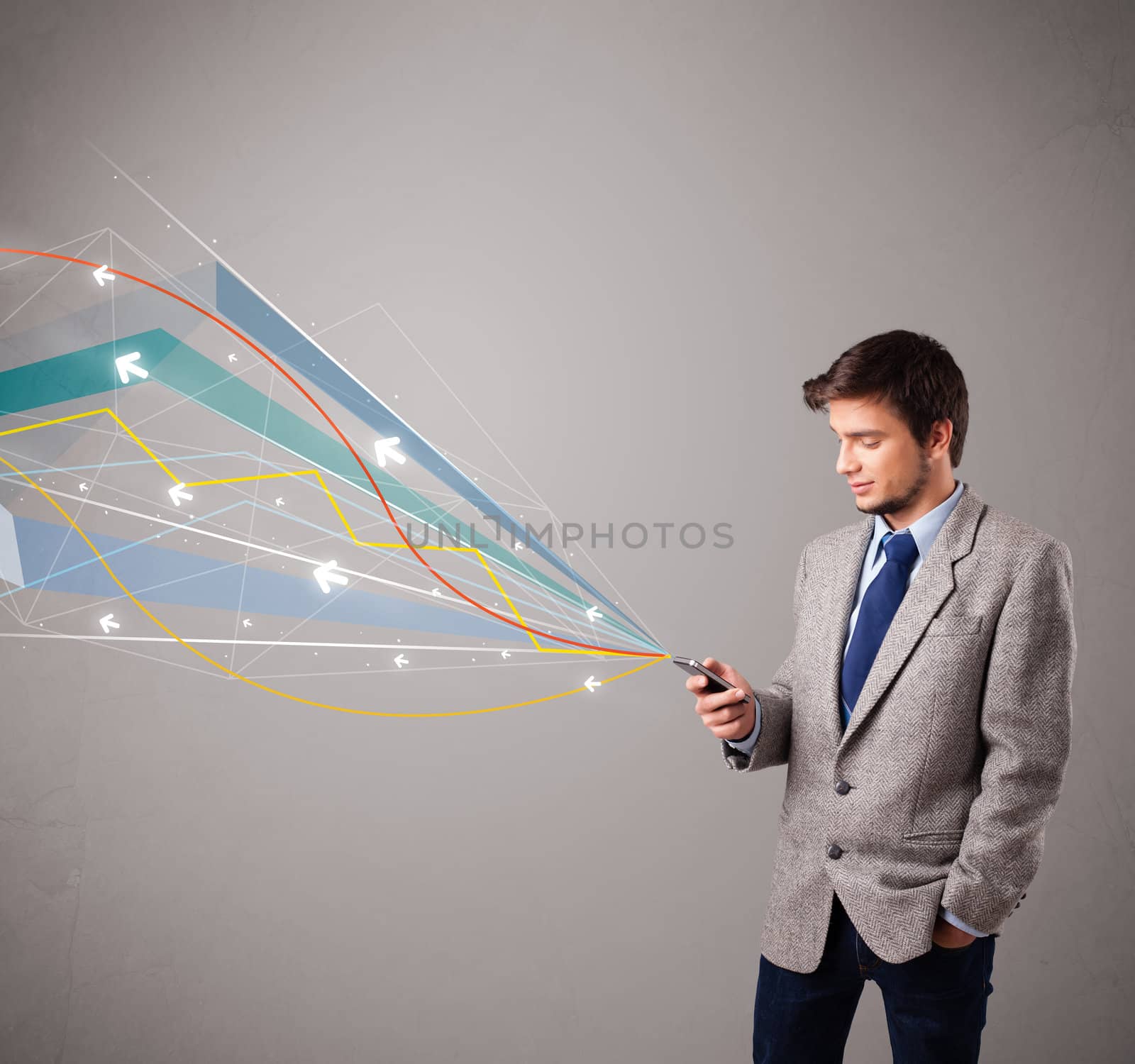 handsome young man holding a phone with colorful abstract arrows by ra2studio