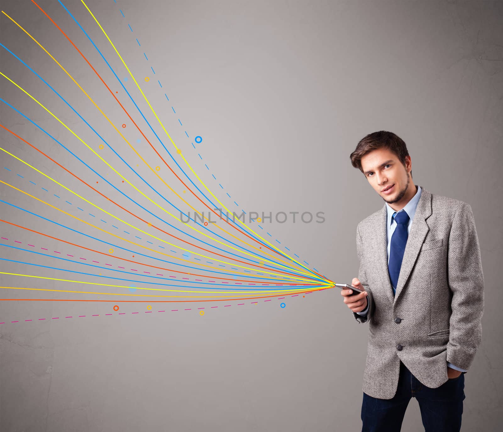 handsome man holding a phone with colorful abstract lines by ra2studio