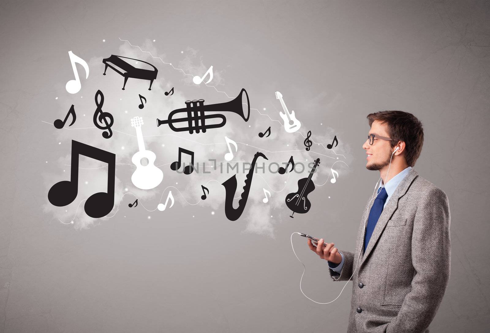 attractive young man singing and listening to music with musical notes and instruments getting out of his mouth