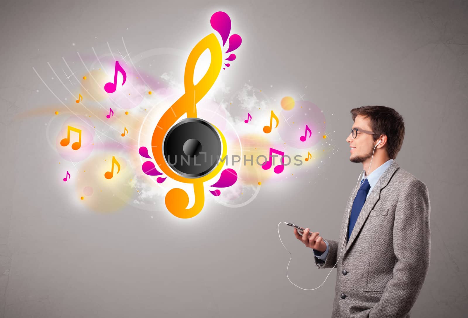 young man singing and listening to music with musical notes  by ra2studio