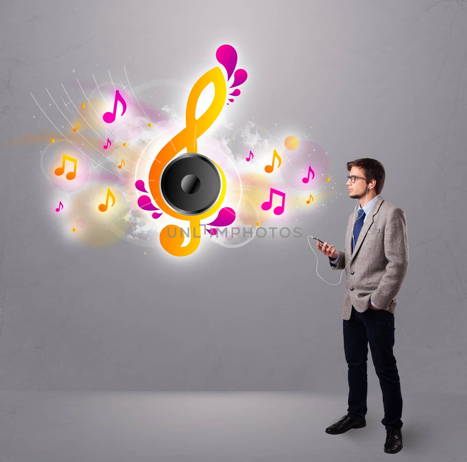 young man singing and listening to music with musical notes getting out of his mouth