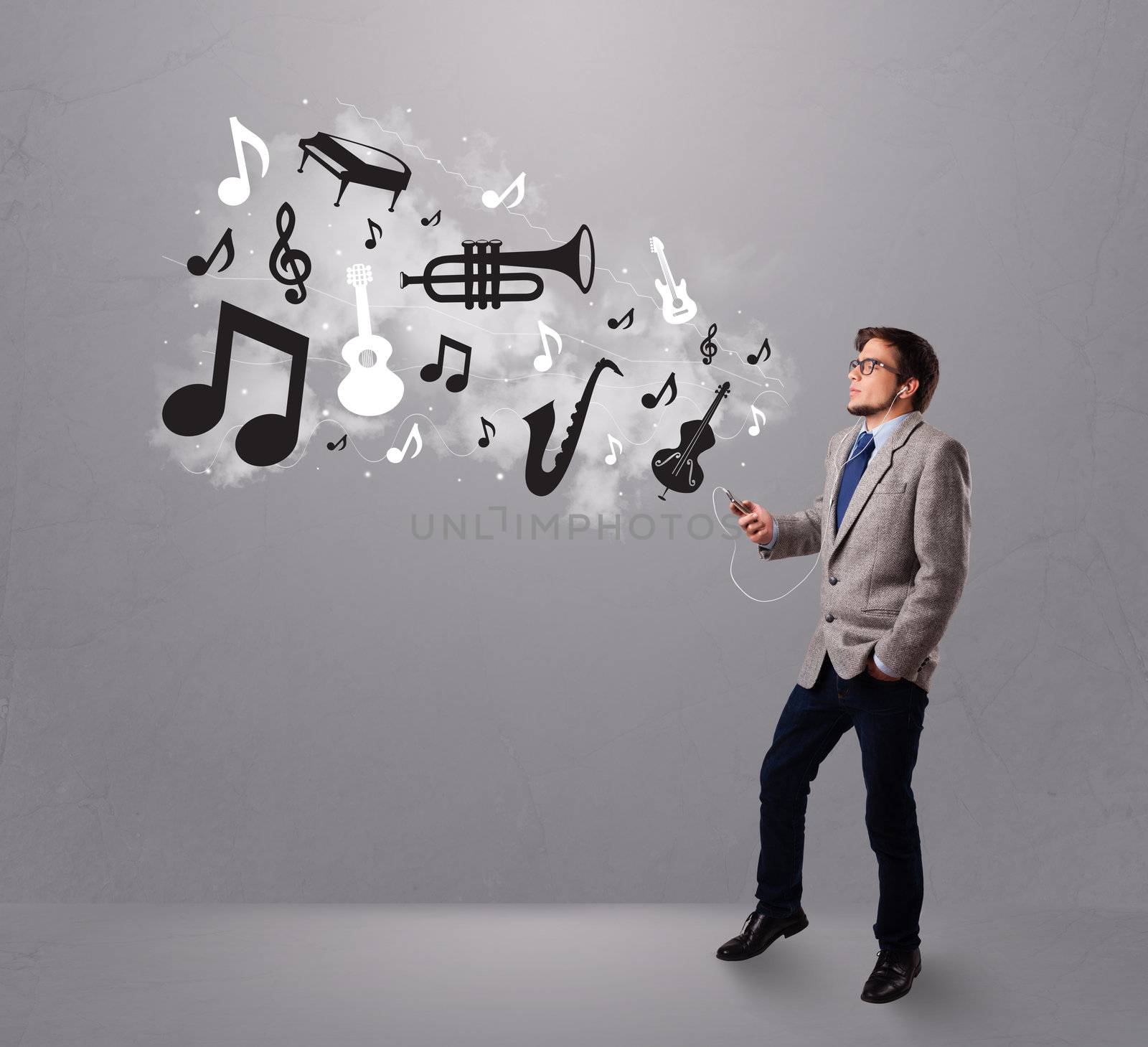 attractive young man singing and listening to music with musical notes and instruments getting out of his mouth