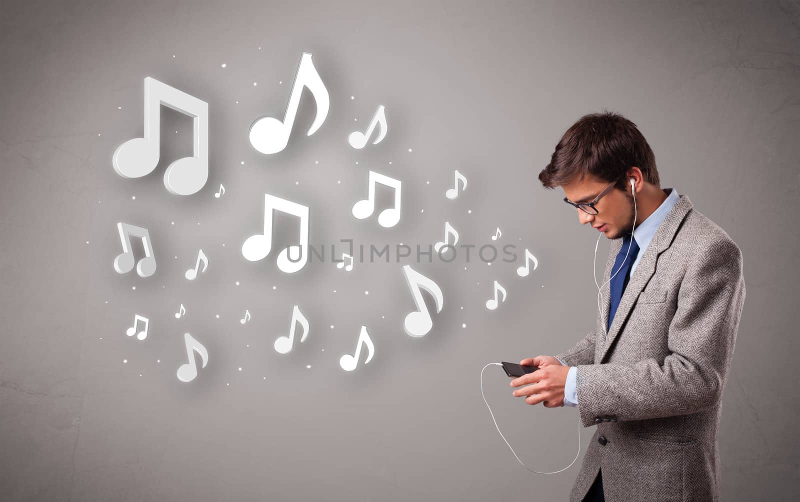 attractive young man singing and listening to music with musical by ra2studio