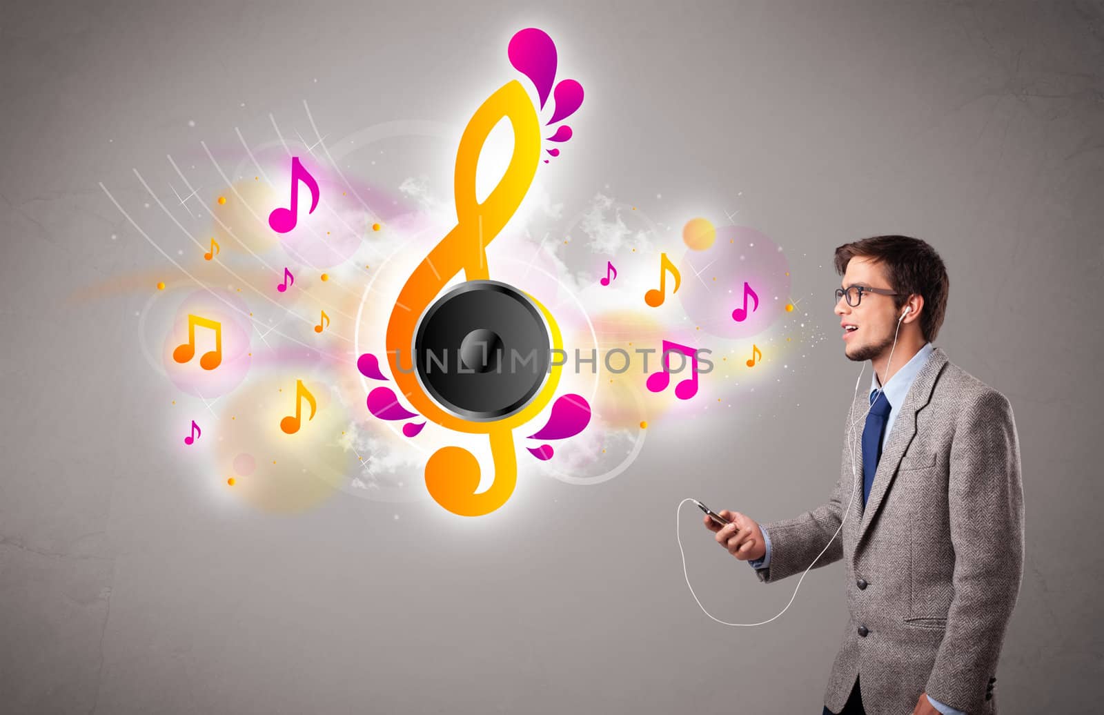 young man singing and listening to music with musical notes  by ra2studio