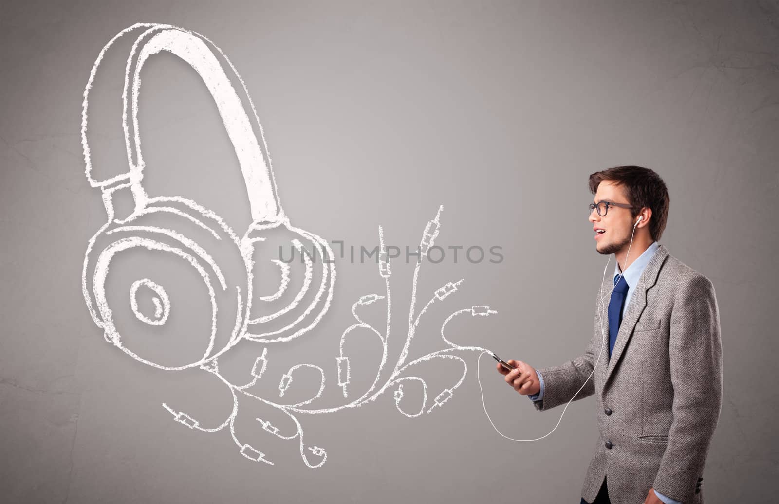 attractive man singing and listening to music with abstract head by ra2studio