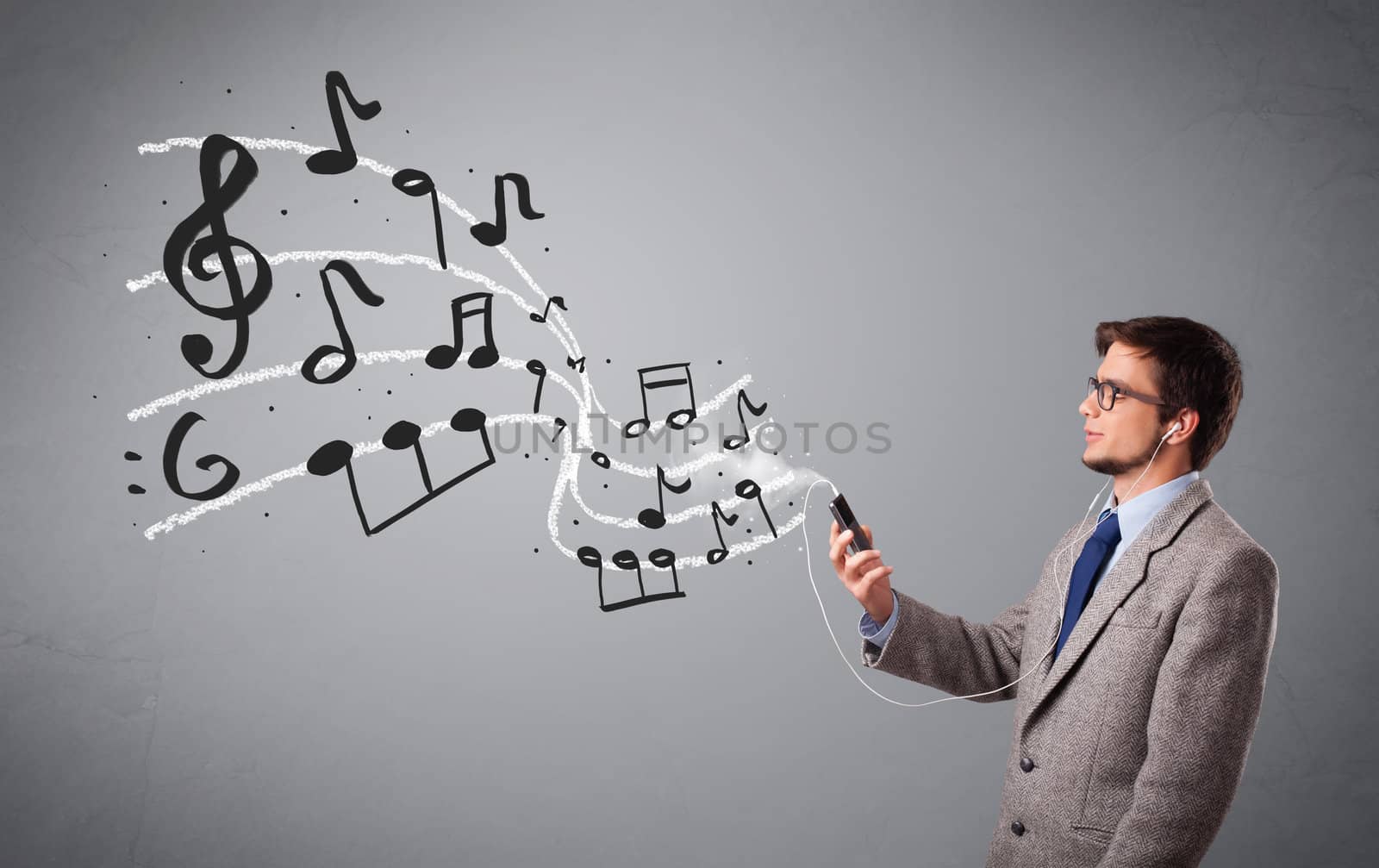 handsome boy singing and listening to music with musical notes  by ra2studio