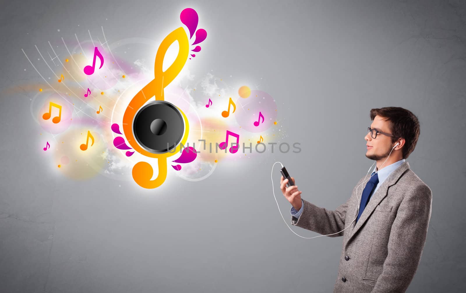 young man singing and listening to music with musical notes  by ra2studio