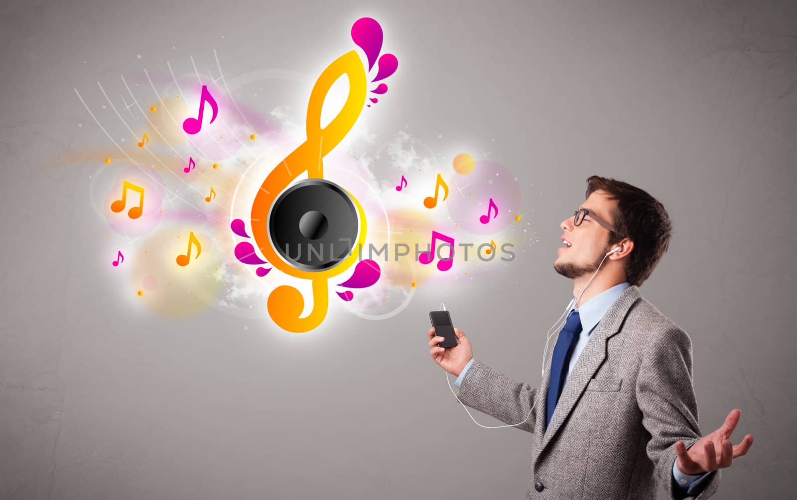 young man singing and listening to music with musical notes  by ra2studio