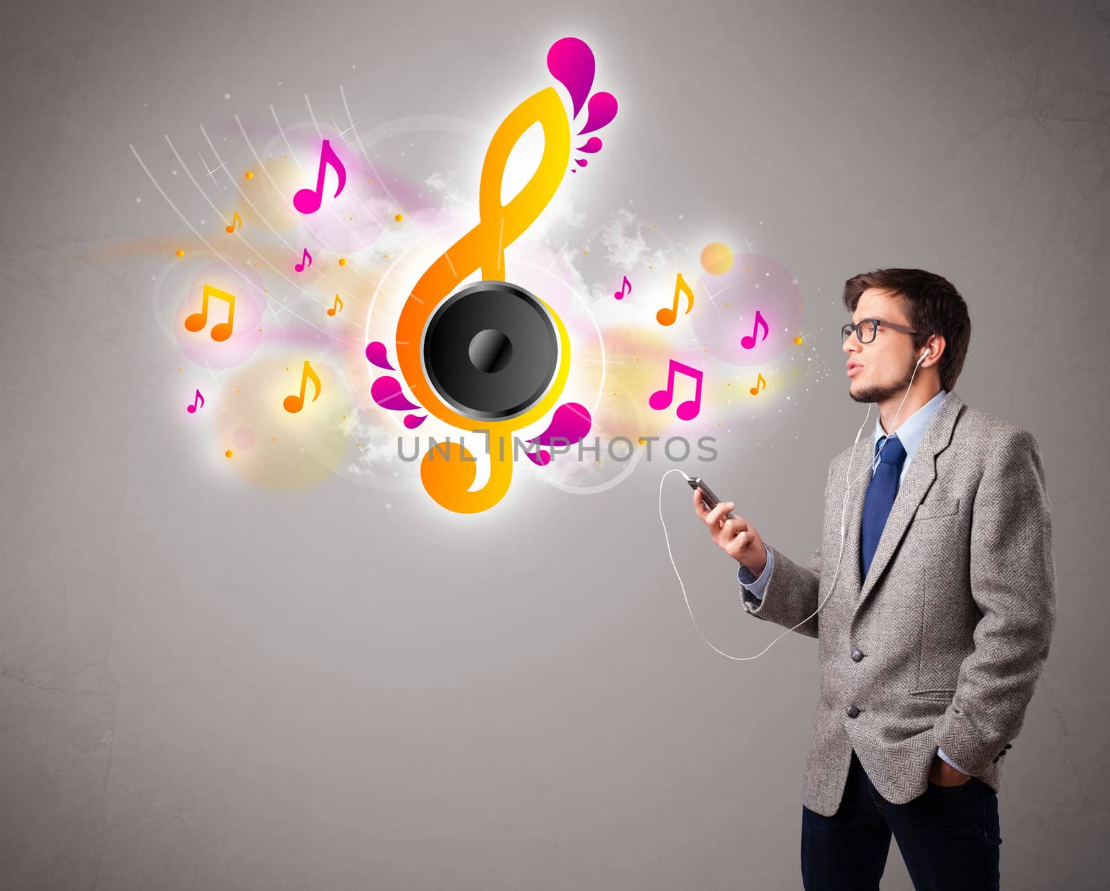 young man singing and listening to music with musical notes getting out of his mouth