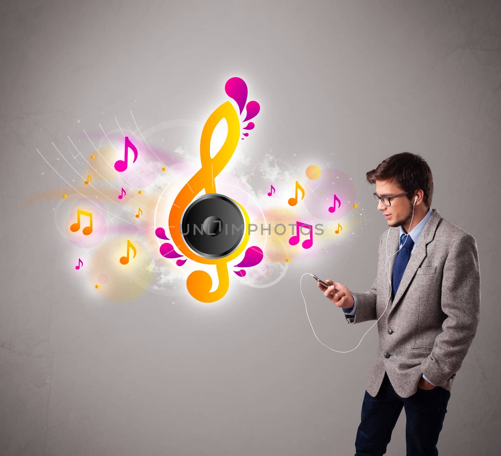 young man singing and listening to music with musical notes getting out of his mouth