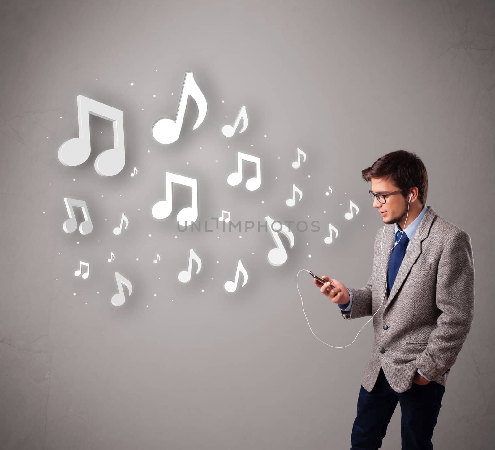 attractive young man singing and listening to music with musical by ra2studio