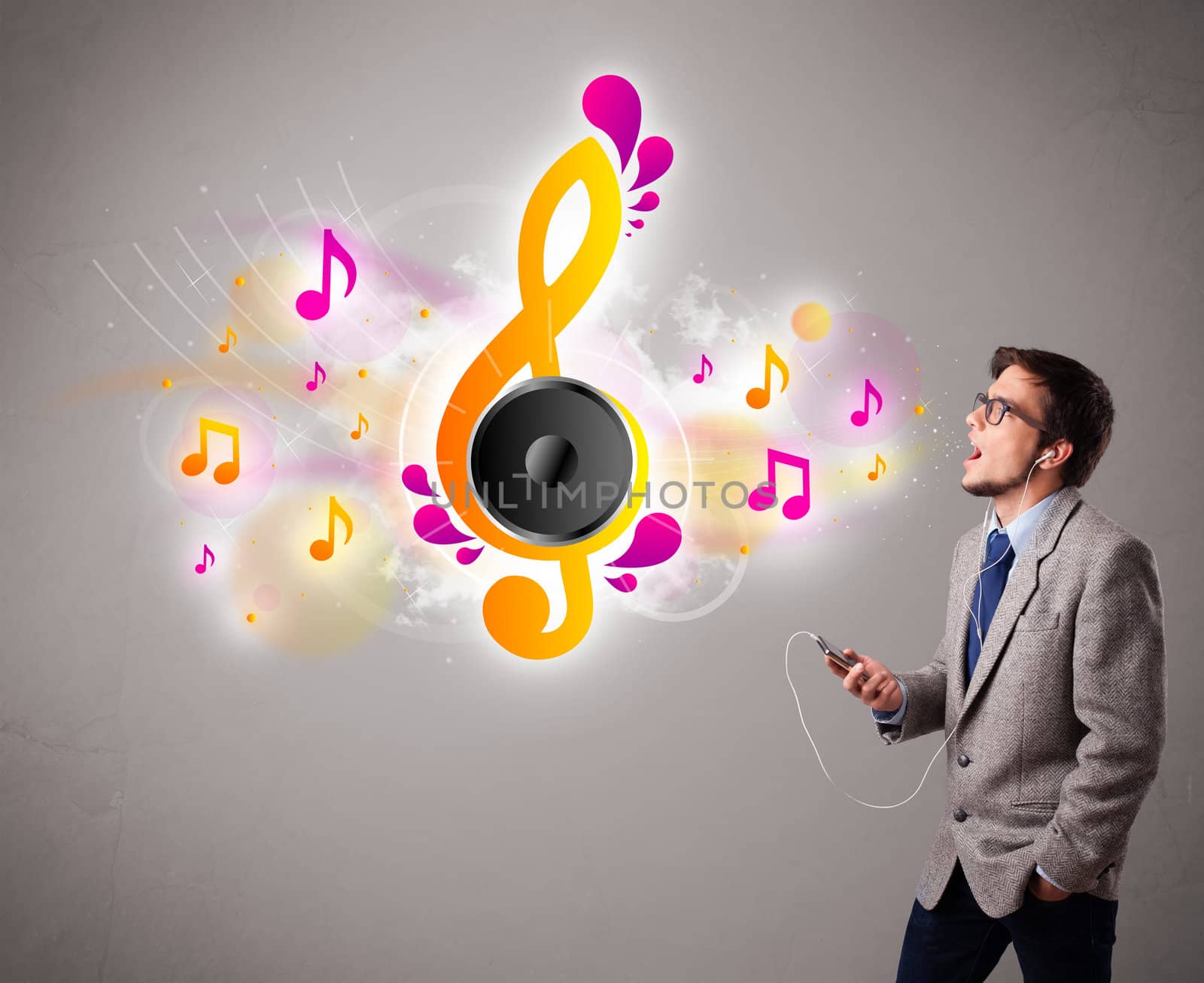 young man singing and listening to music with musical notes  by ra2studio