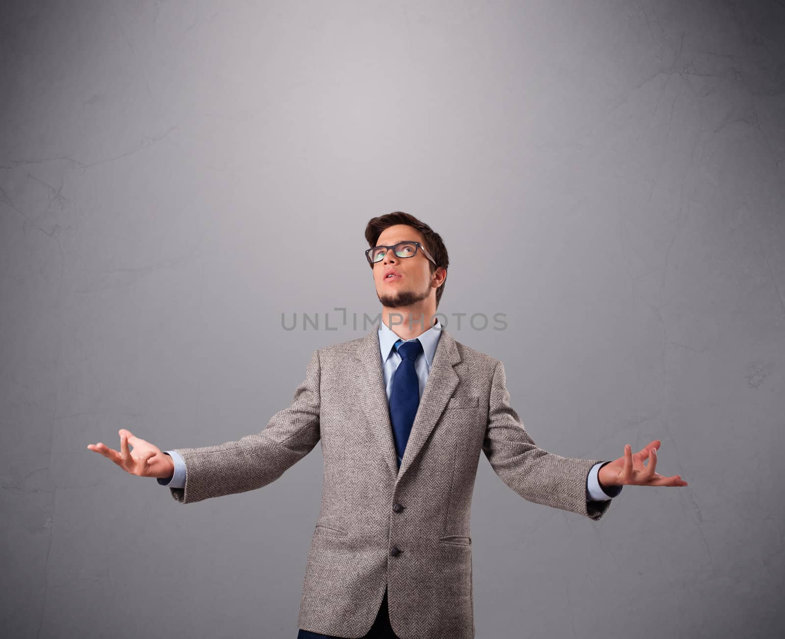 funny man standing and juggling with copy space