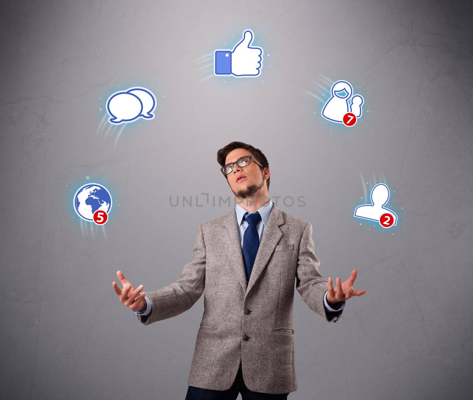 handsome young boy juggling with social media icons by ra2studio