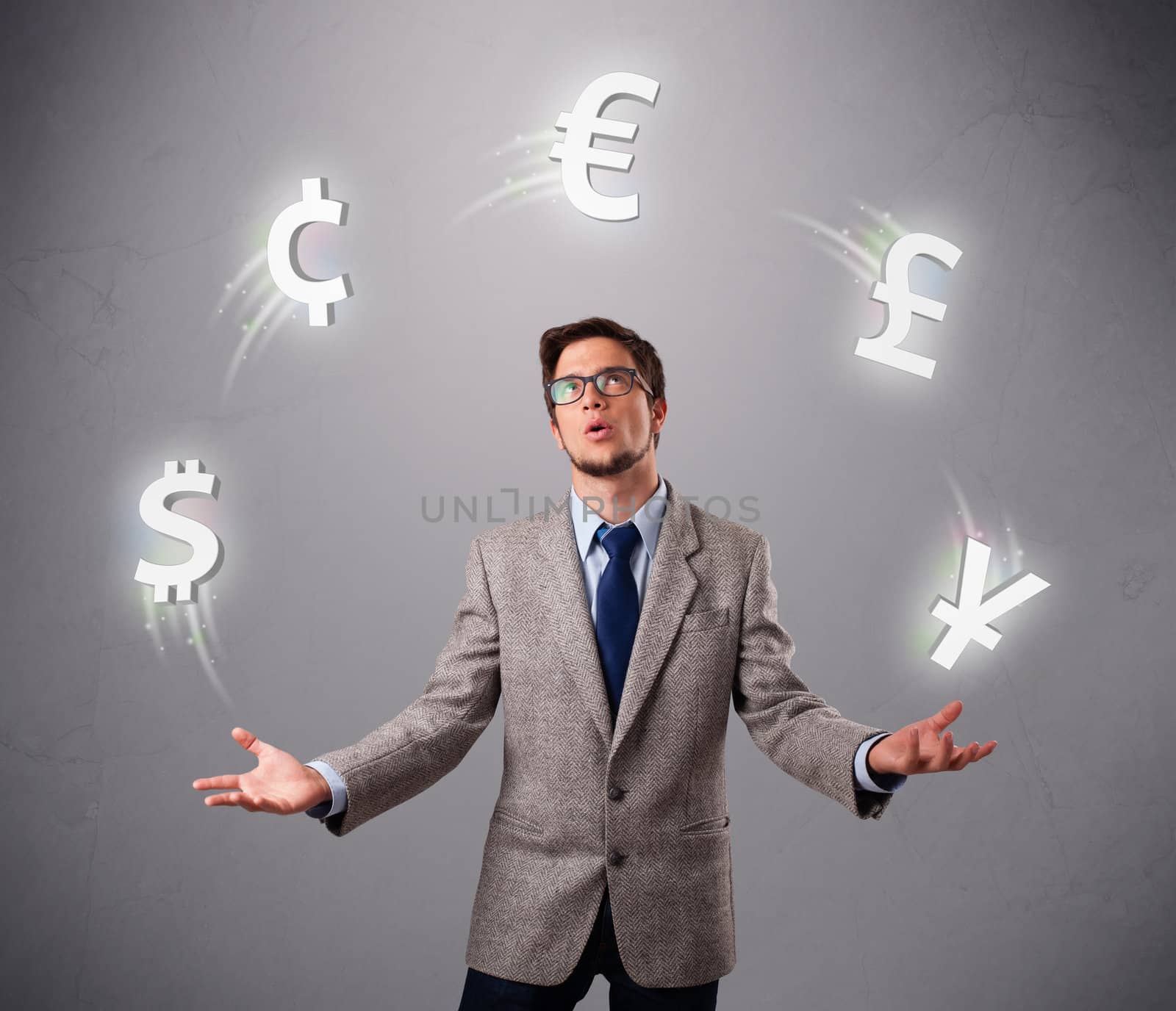 young man standing and juggling with currency icons by ra2studio