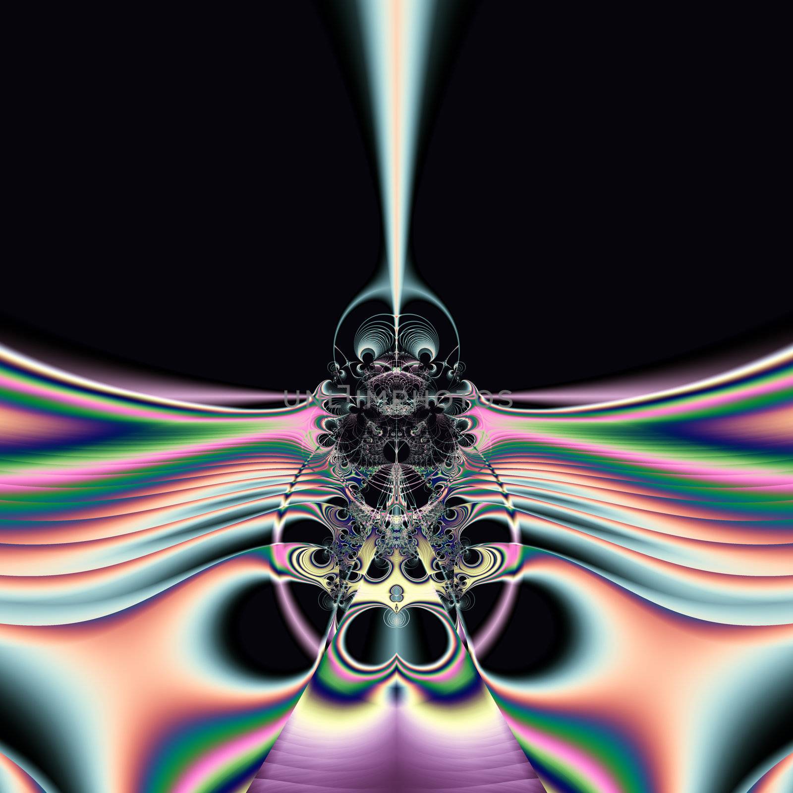 Bright and funky original fractal design, abstract art, colorful bird on black background