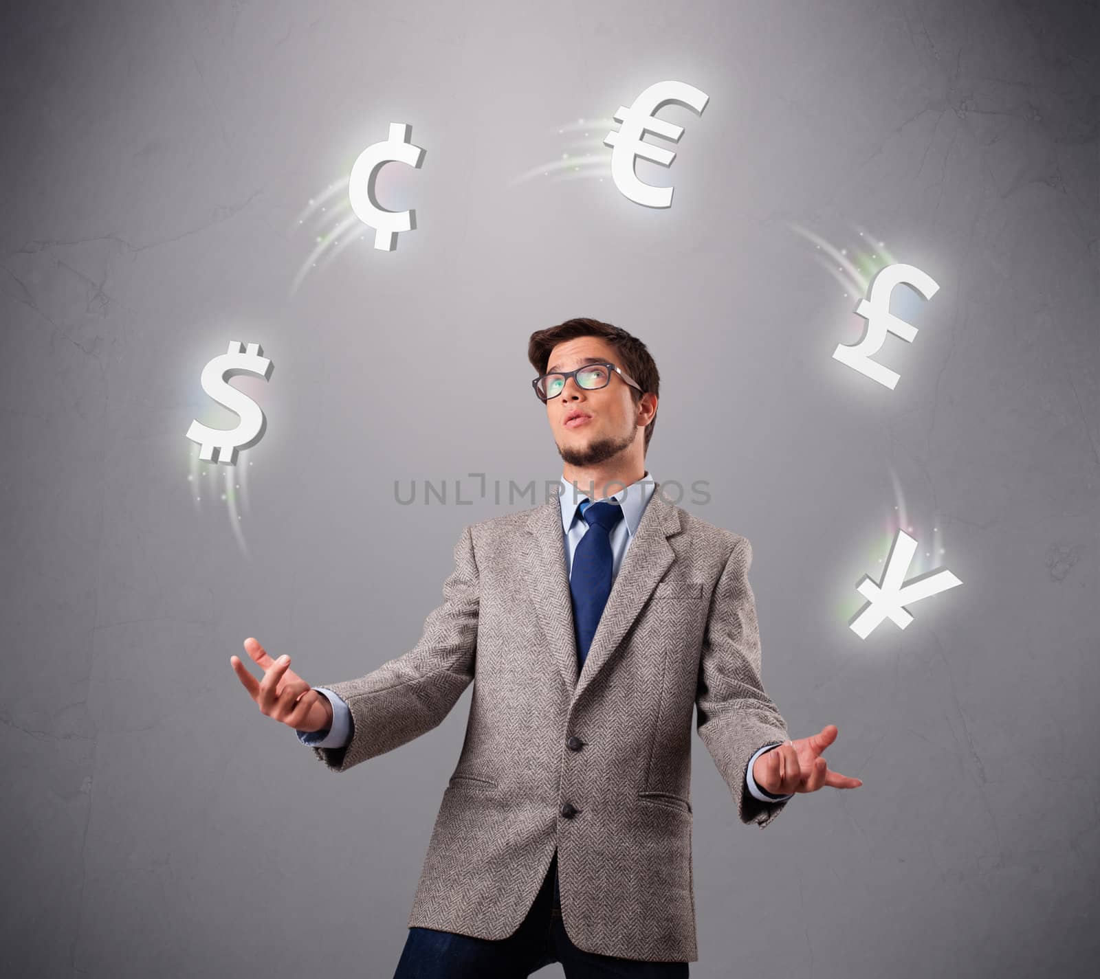 young man standing and juggling with currency icons by ra2studio