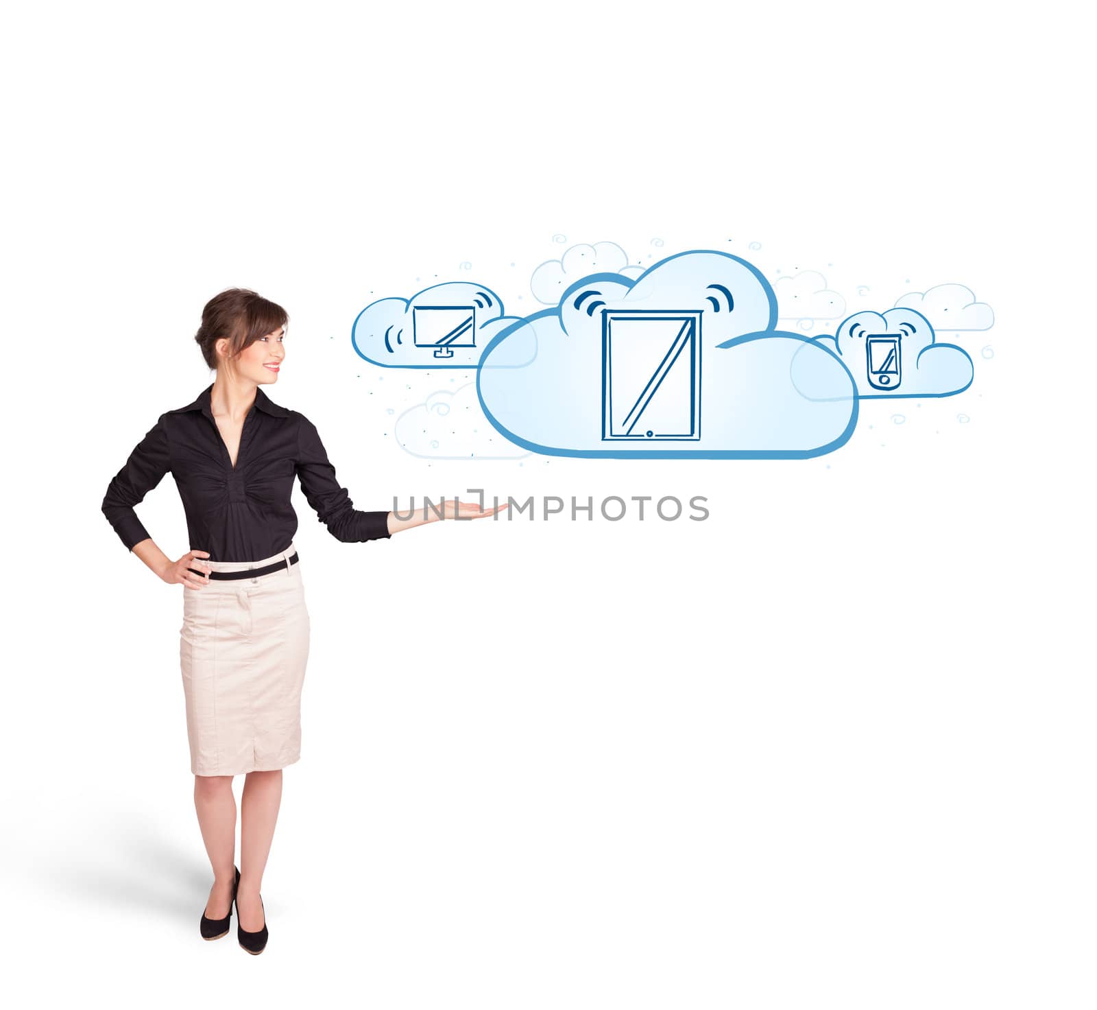 young woman presenting modern devices in clouds by ra2studio