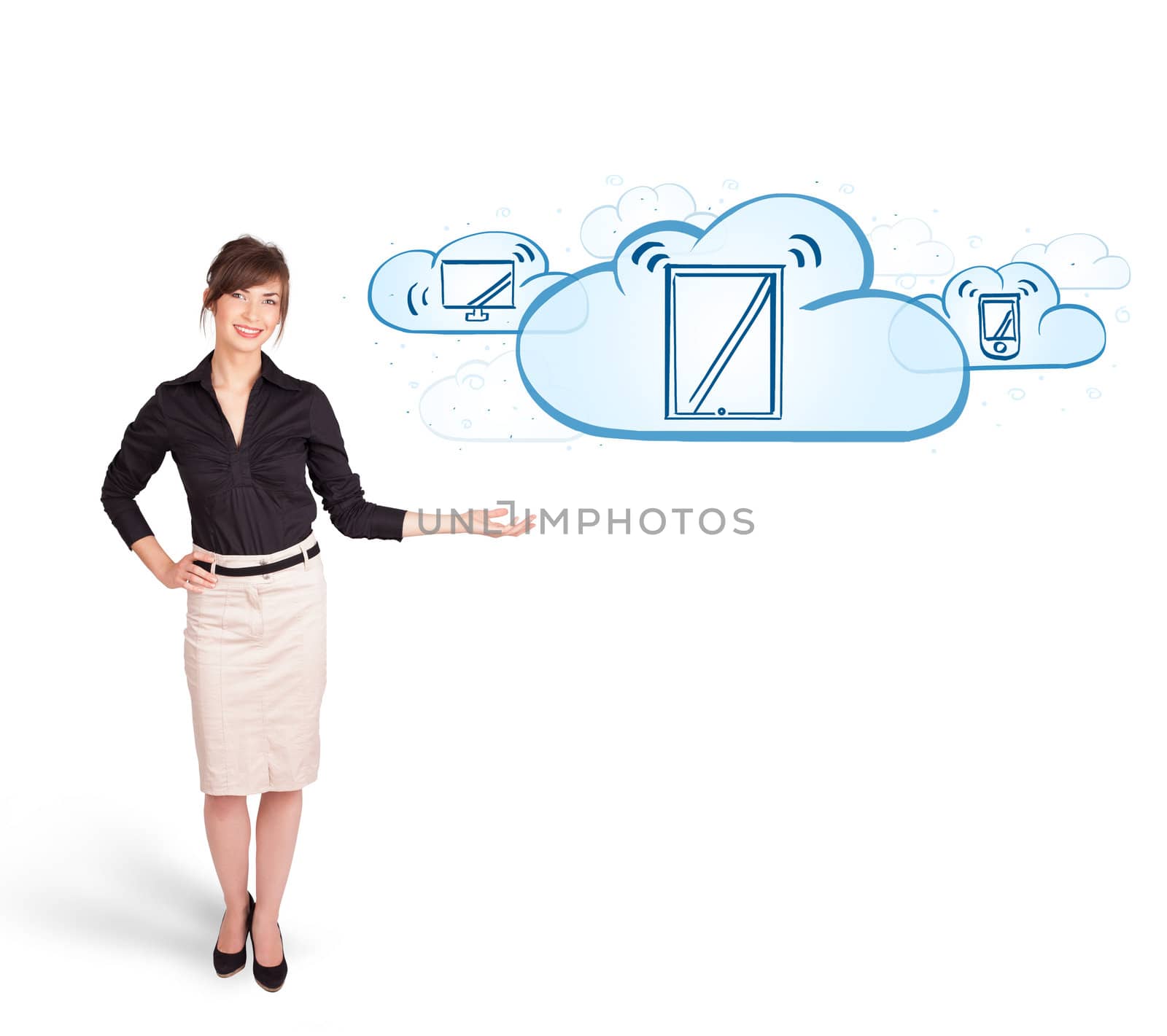 young woman presenting modern devices in clouds by ra2studio