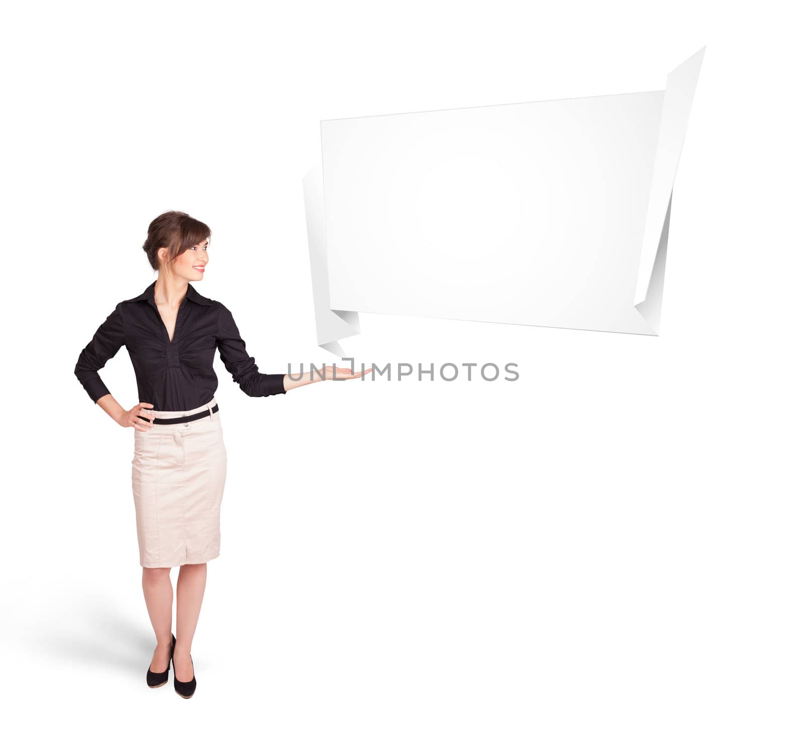 Beutiful young woman presenting abstract origami copy space isolated on white