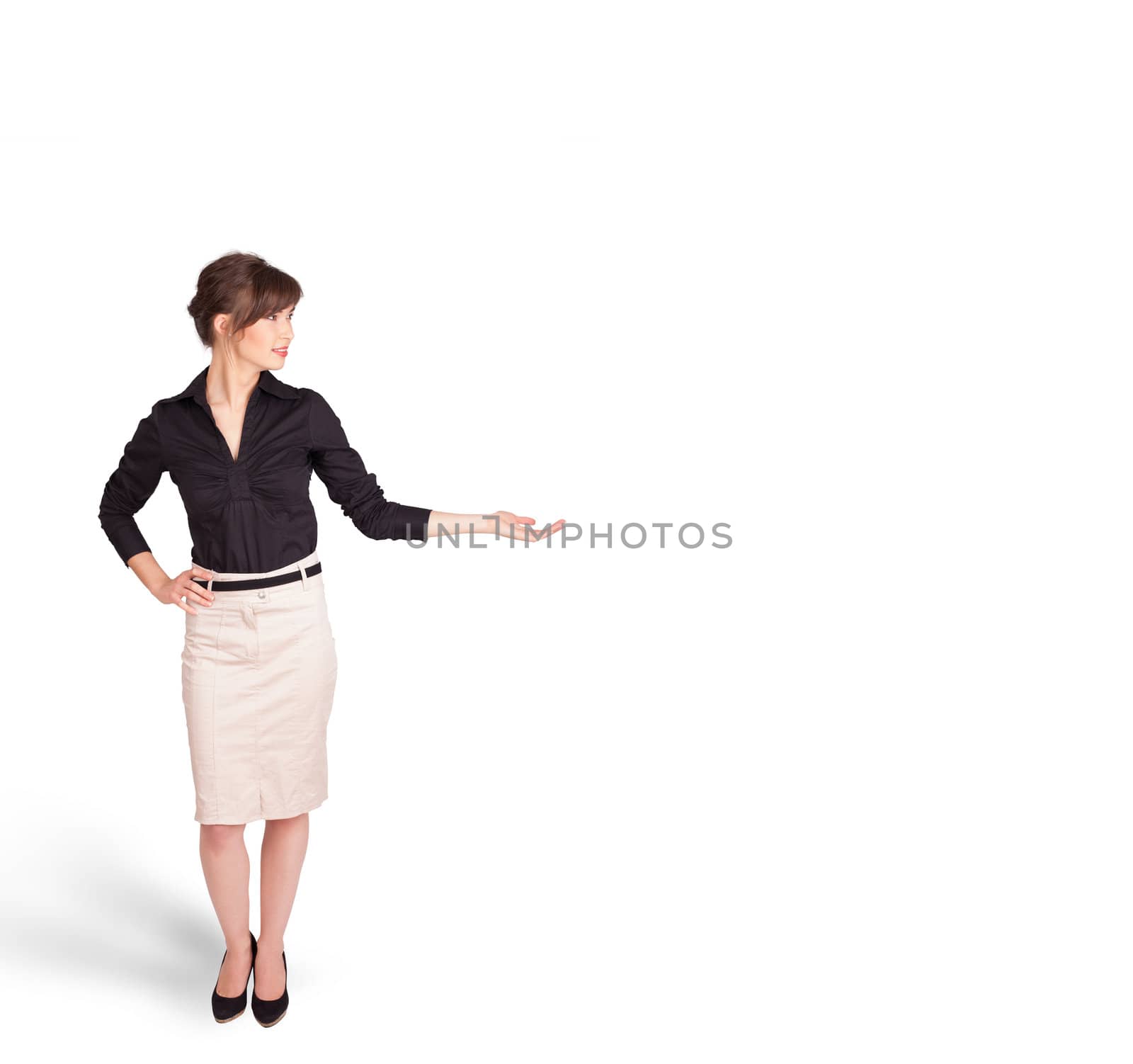 young woman presenting white copy space isolated on white