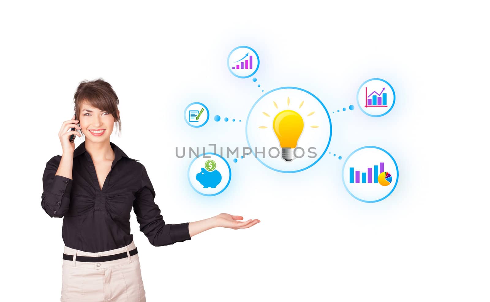 Young woman presenting light bulb with colorful graphs and diagrams isolated on white