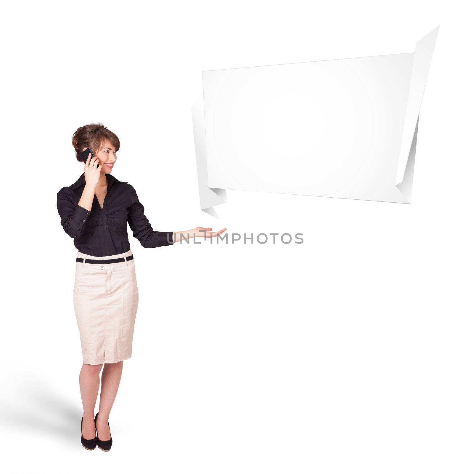 Beutiful young woman presenting abstract origami copy space isolated on white