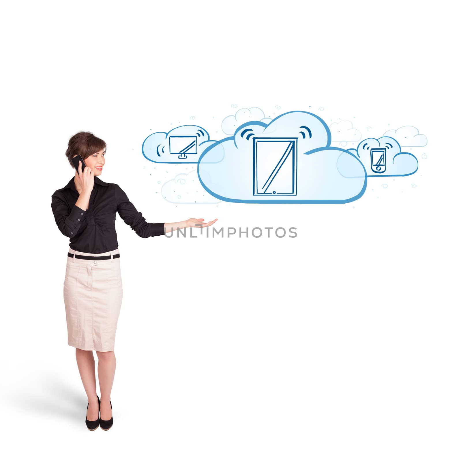 young woman presenting modern devices in clouds by ra2studio