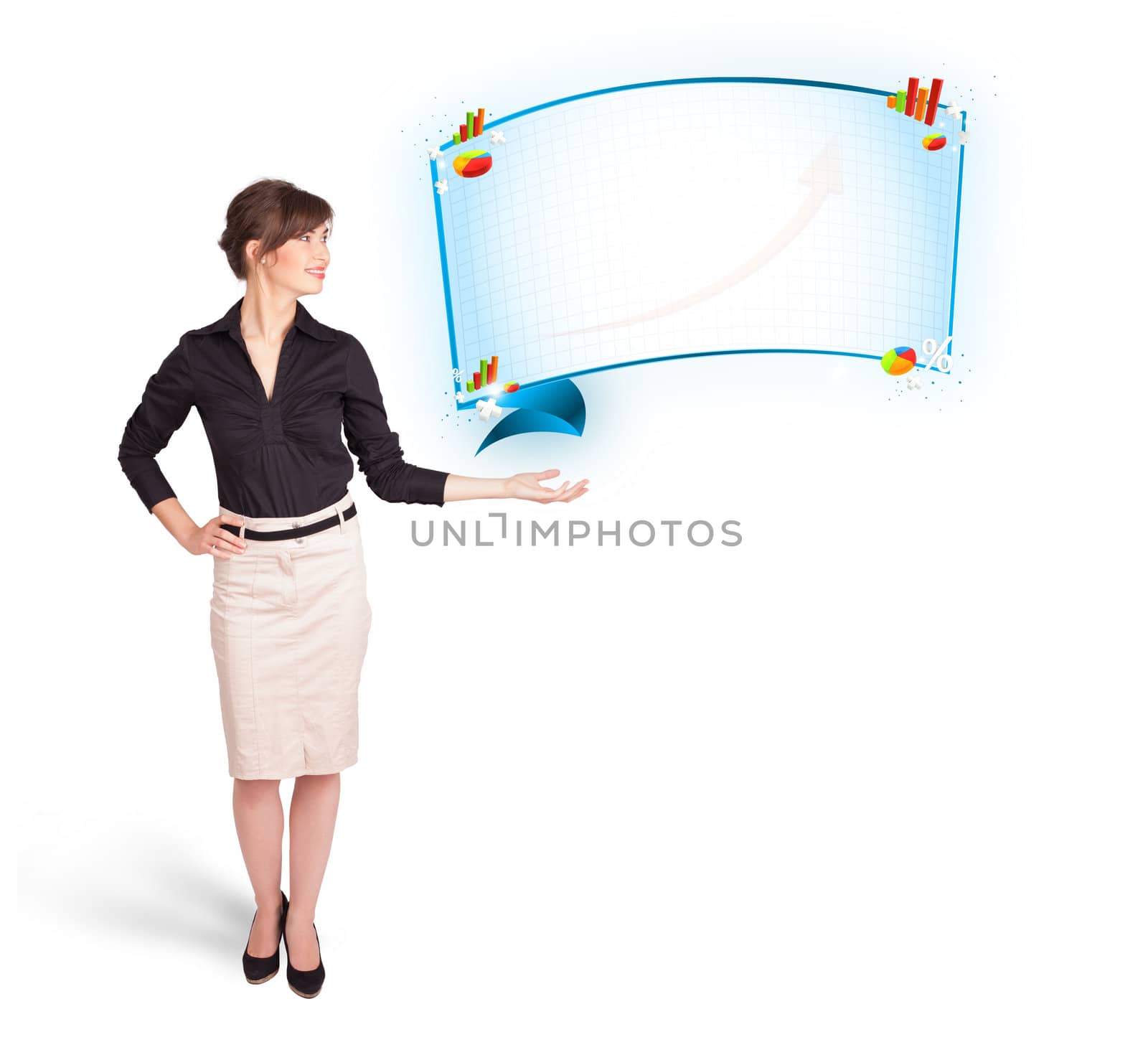 Young woman presenting abstract copy space with graphs and diagrams isolated on white