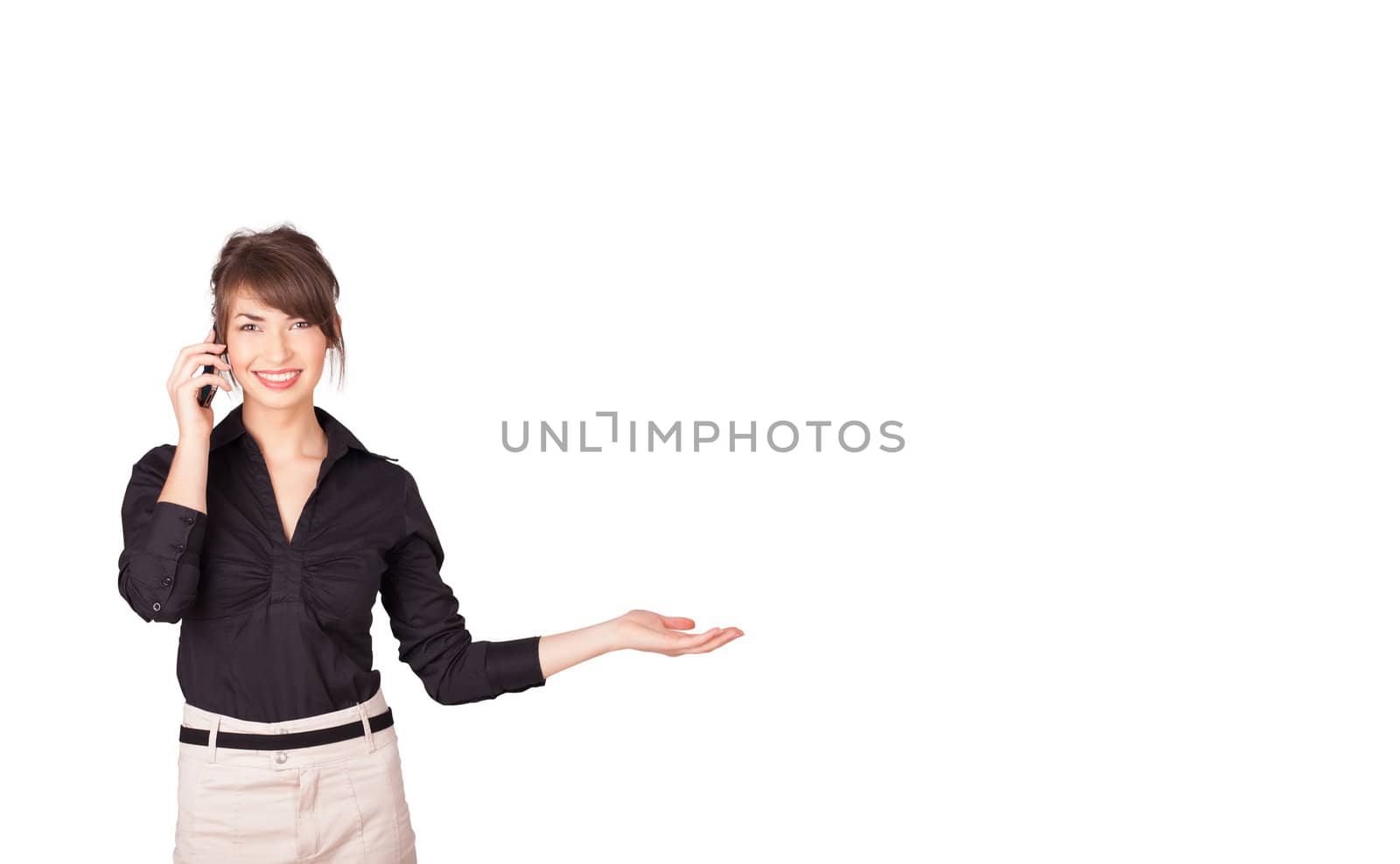 young woman presenting white copy space isolated on white