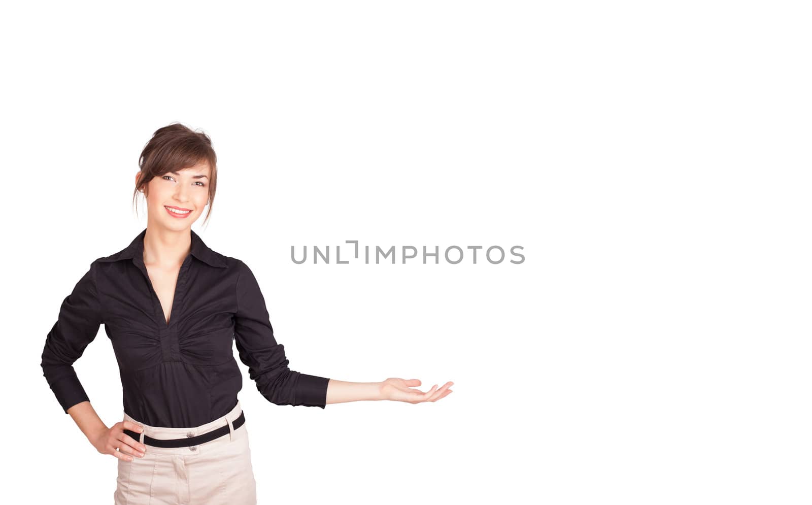 young woman presenting white copy space isolated on white