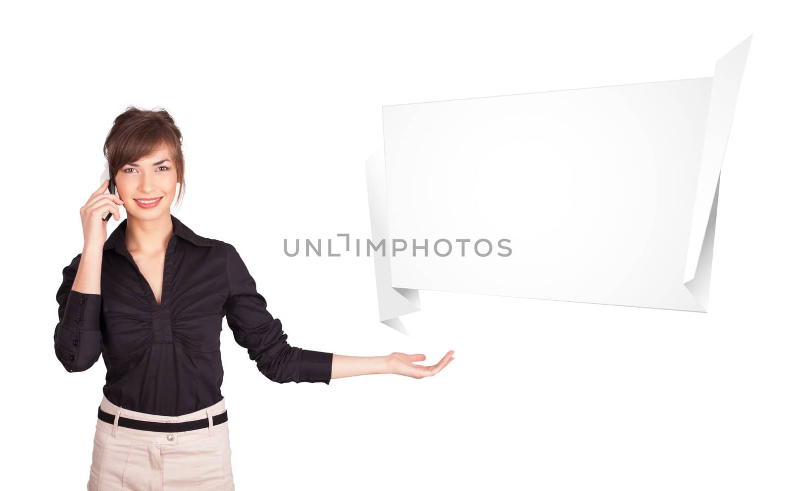 Beutiful young woman presenting abstract origami copy space isolated on white