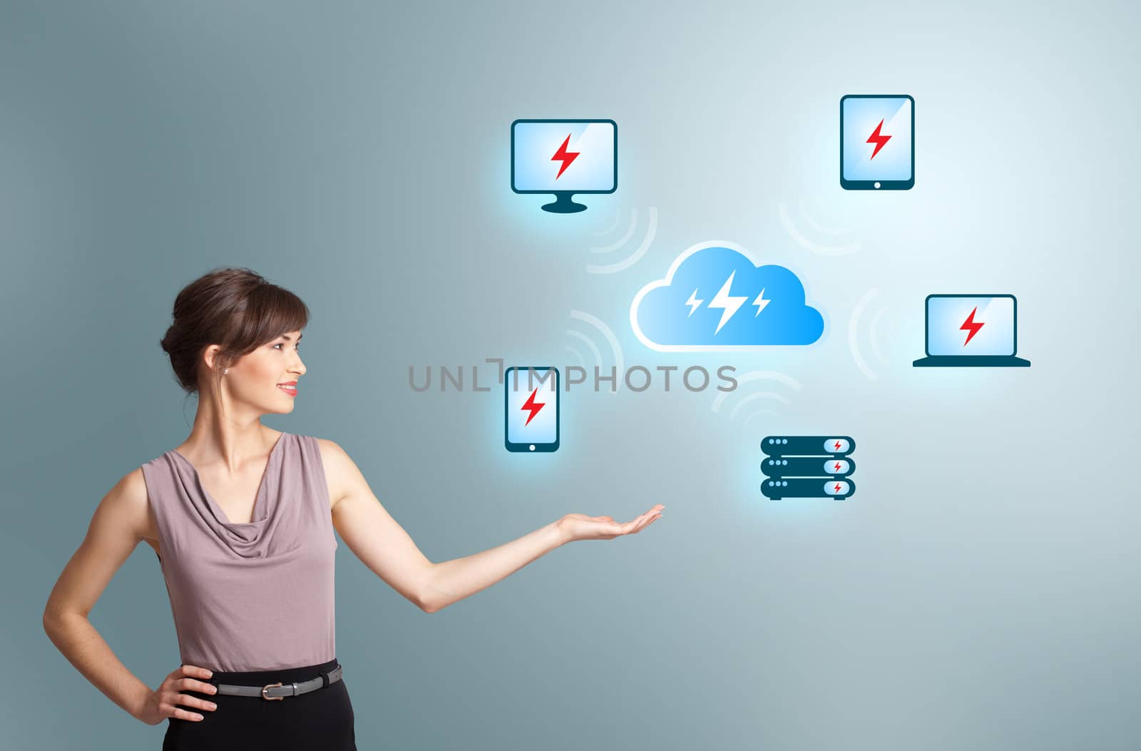 Beautiful young woman presenting cloud computing network