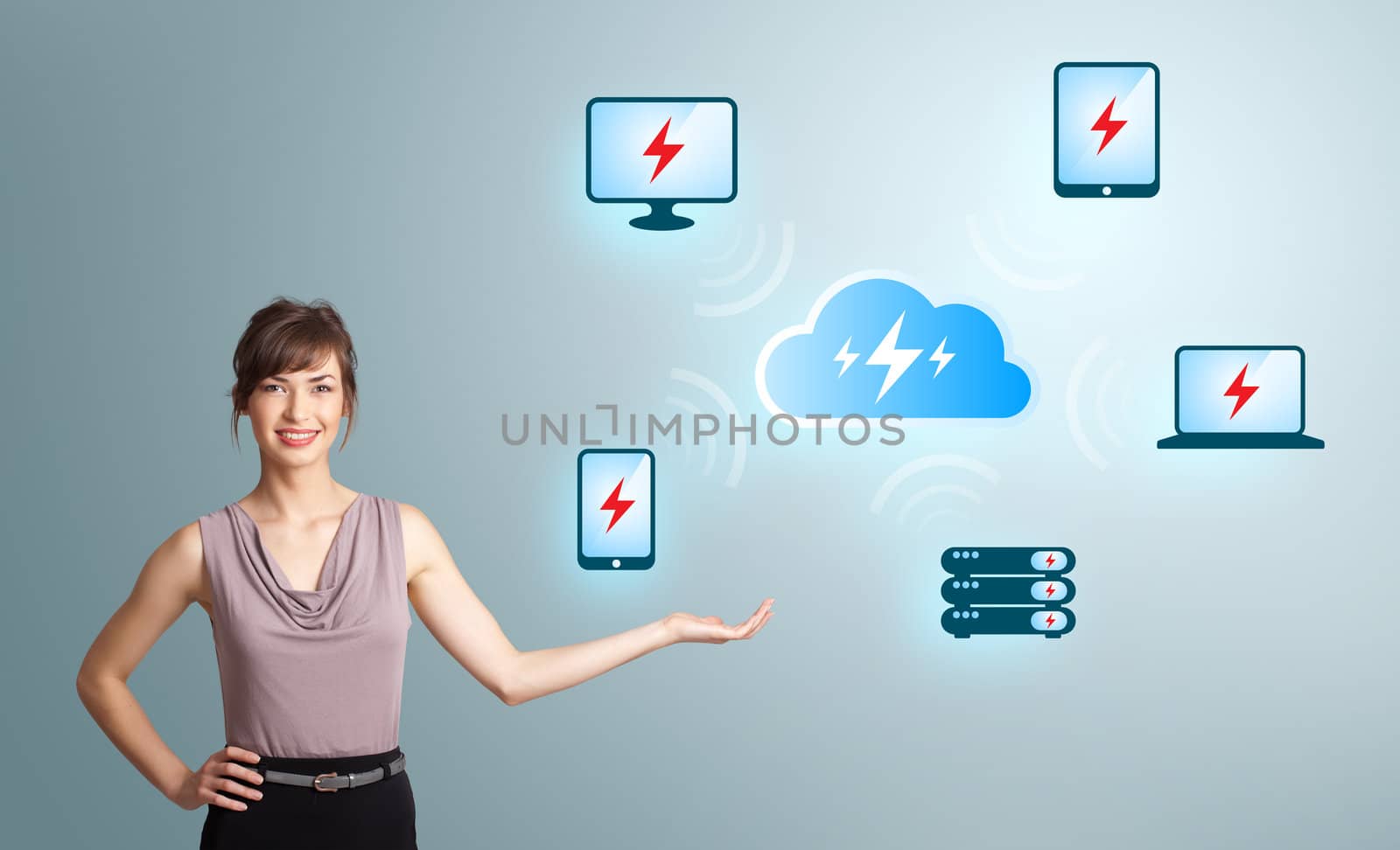 Beautiful young woman presenting cloud computing network