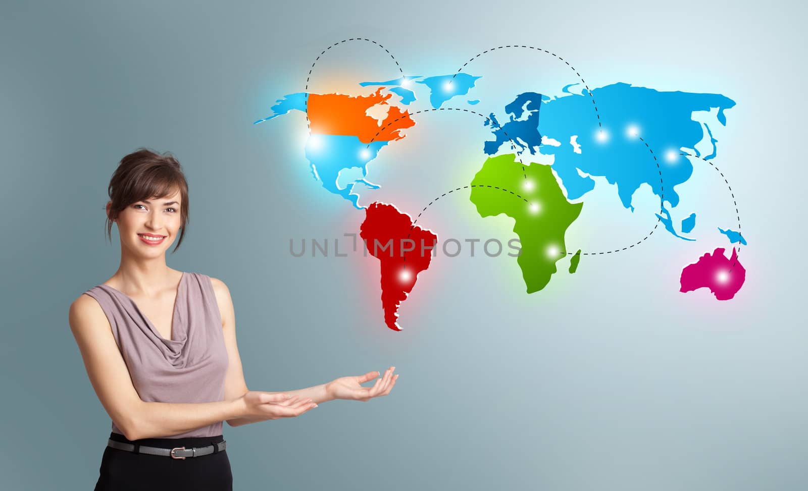 Beautiful young woman presenting colorful world map