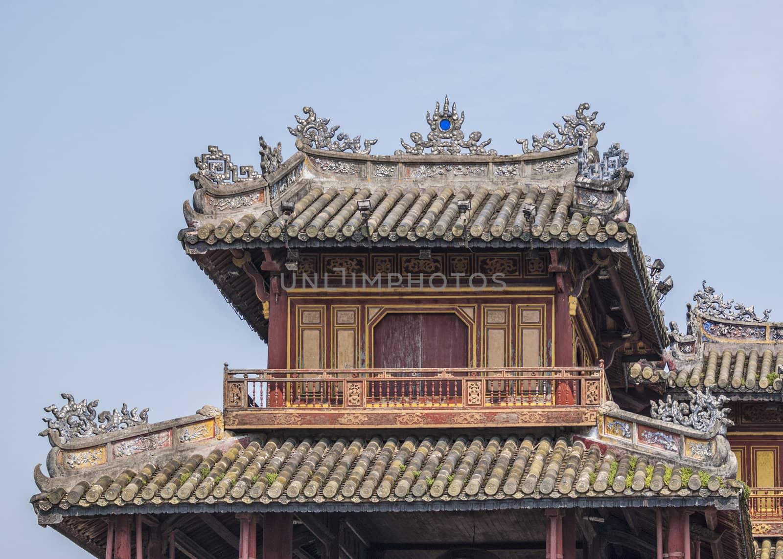 Vietnam Hué: Detail of upper structure on Noon Gate at Citadel. by Claudine
