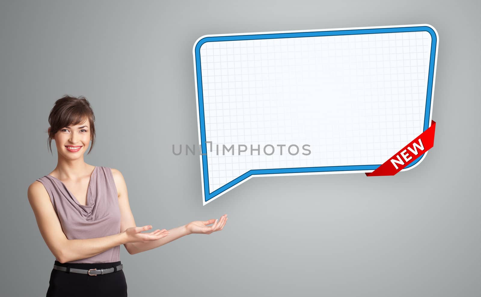 Beautiful young woman presenting modern speech bubble copy space