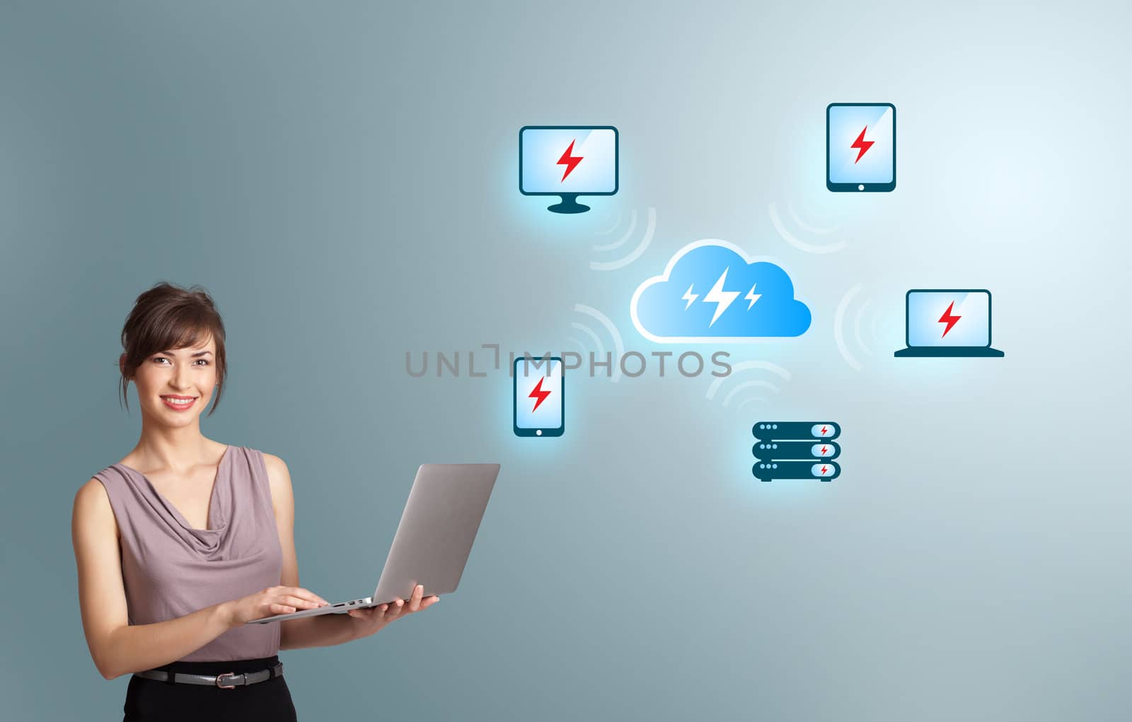 Beautiful young woman holding a laptop and presenting cloud computing network