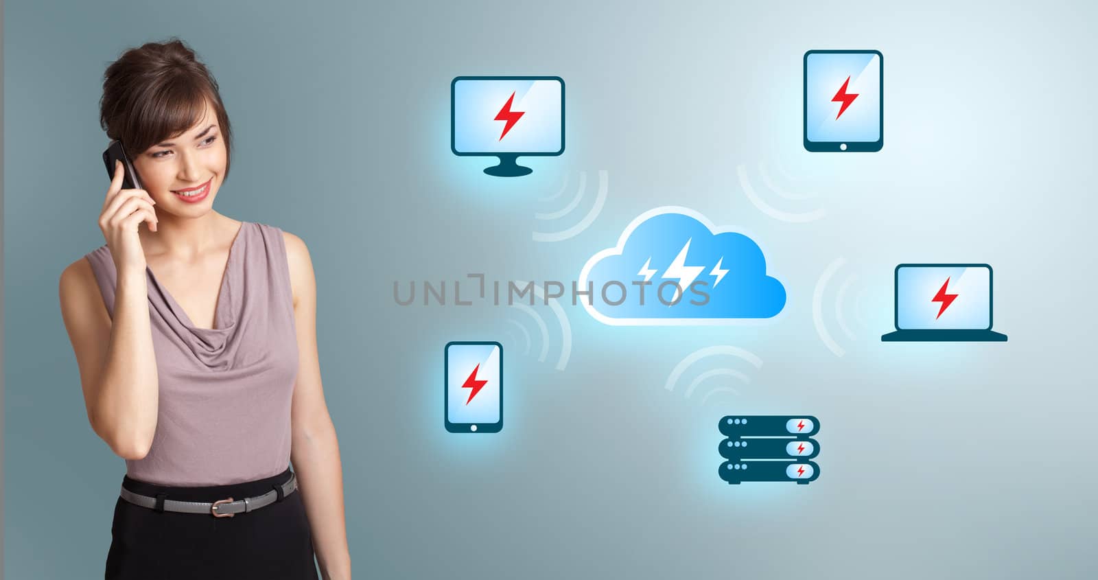 young woman making phone call with cloud computing network by ra2studio