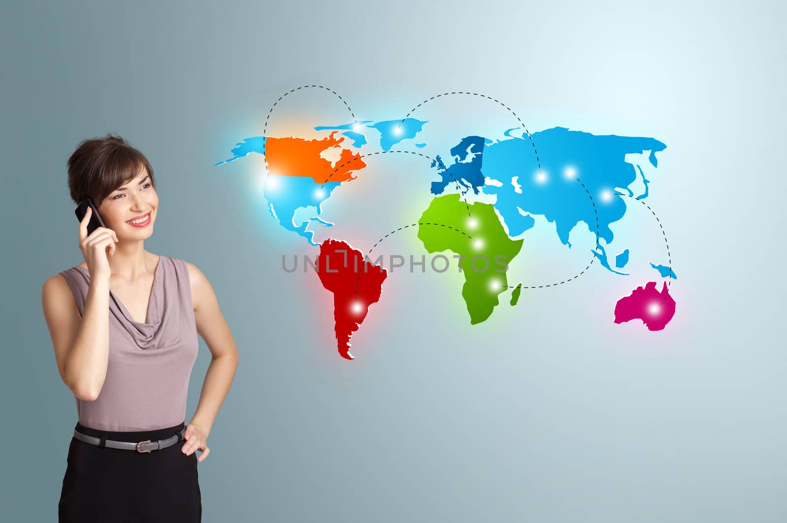 Beautiful young woman making phone call with colorful world map