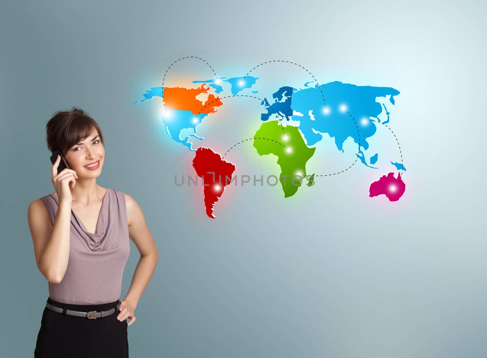 Beautiful young woman making phone call with colorful world map